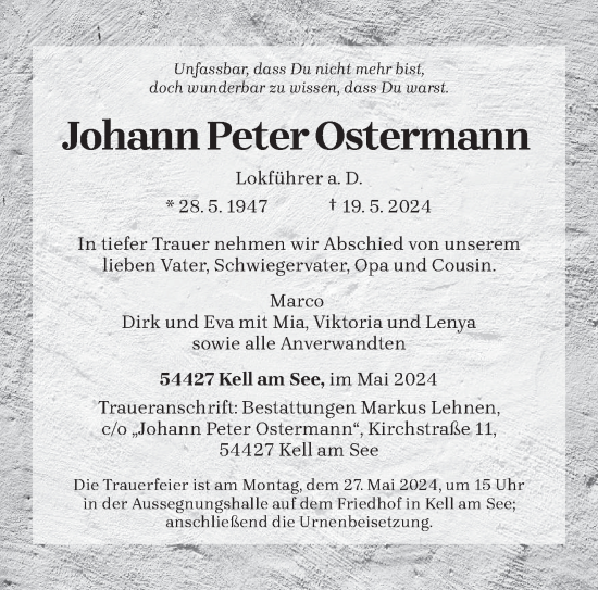 Traueranzeige von Johann Peter Ostermann von trierischer_volksfreund