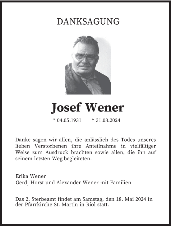 Traueranzeige von Josef Wener von trierischer_volksfreund