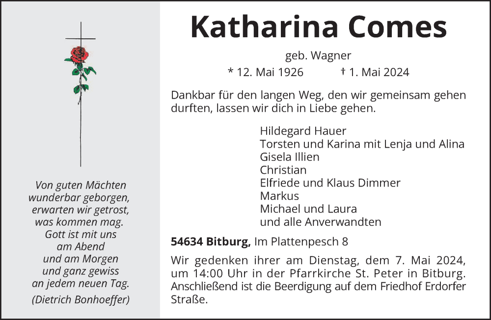  Traueranzeige für Katharina Comes vom 04.05.2024 aus trierischer_volksfreund