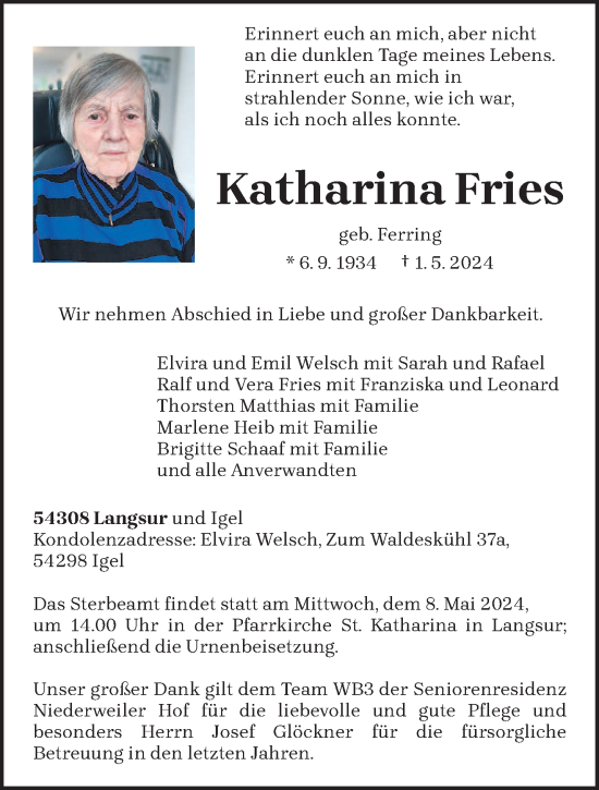 Traueranzeige von Katharina Fries von trierischer_volksfreund