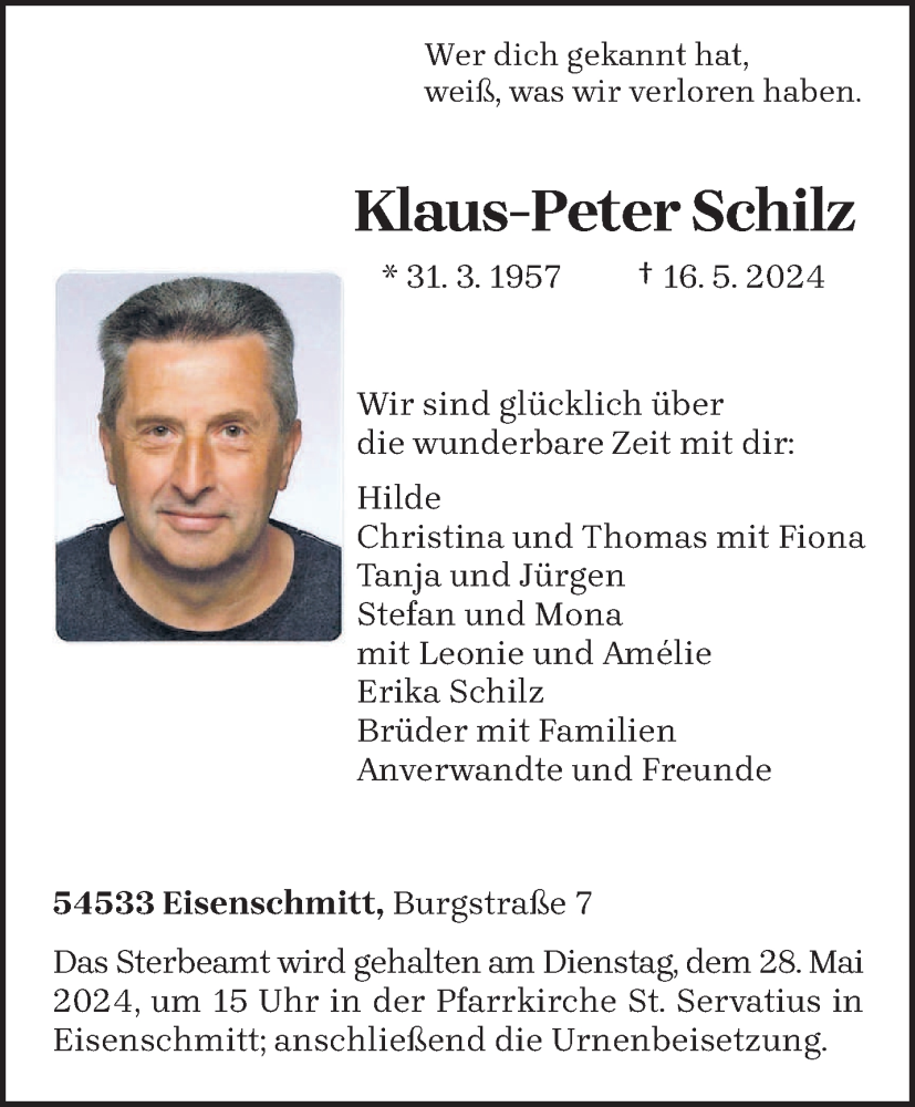  Traueranzeige für Klaus-Peter Schilz vom 25.05.2024 aus trierischer_volksfreund