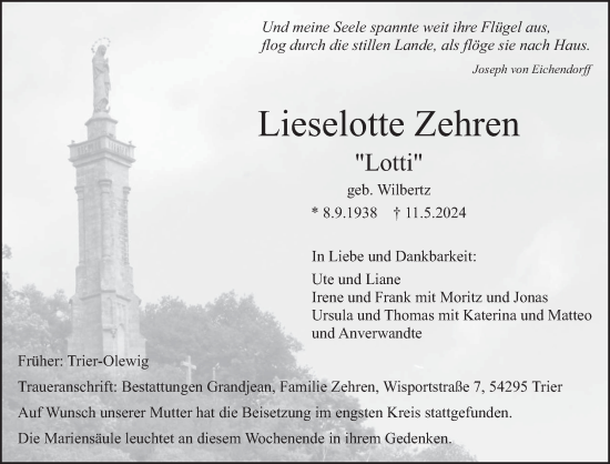 Traueranzeige von Lieselotte Zehren von trierischer_volksfreund