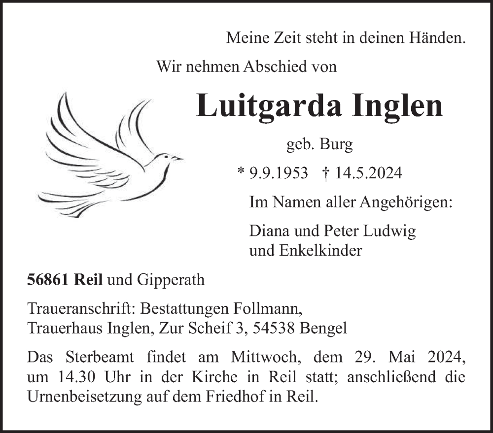 Traueranzeige für Luitgarda Inglen vom 22.05.2024 aus trierischer_volksfreund