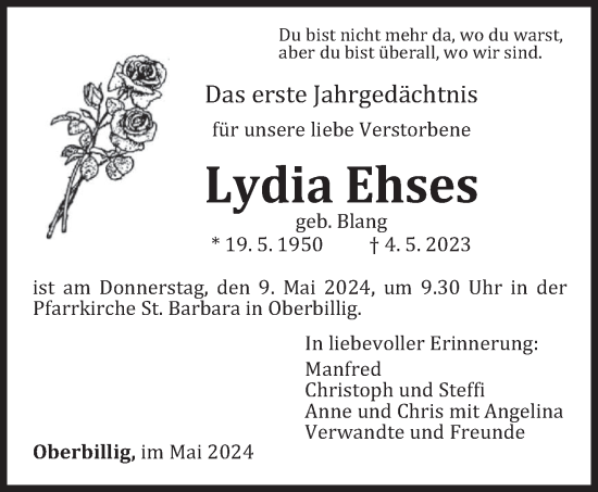 Traueranzeige von Lydia Ehses von trierischer_volksfreund
