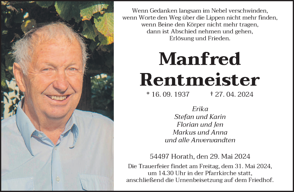 Traueranzeige für Manfred Rentmeister vom 29.05.2024 aus trierischer_volksfreund