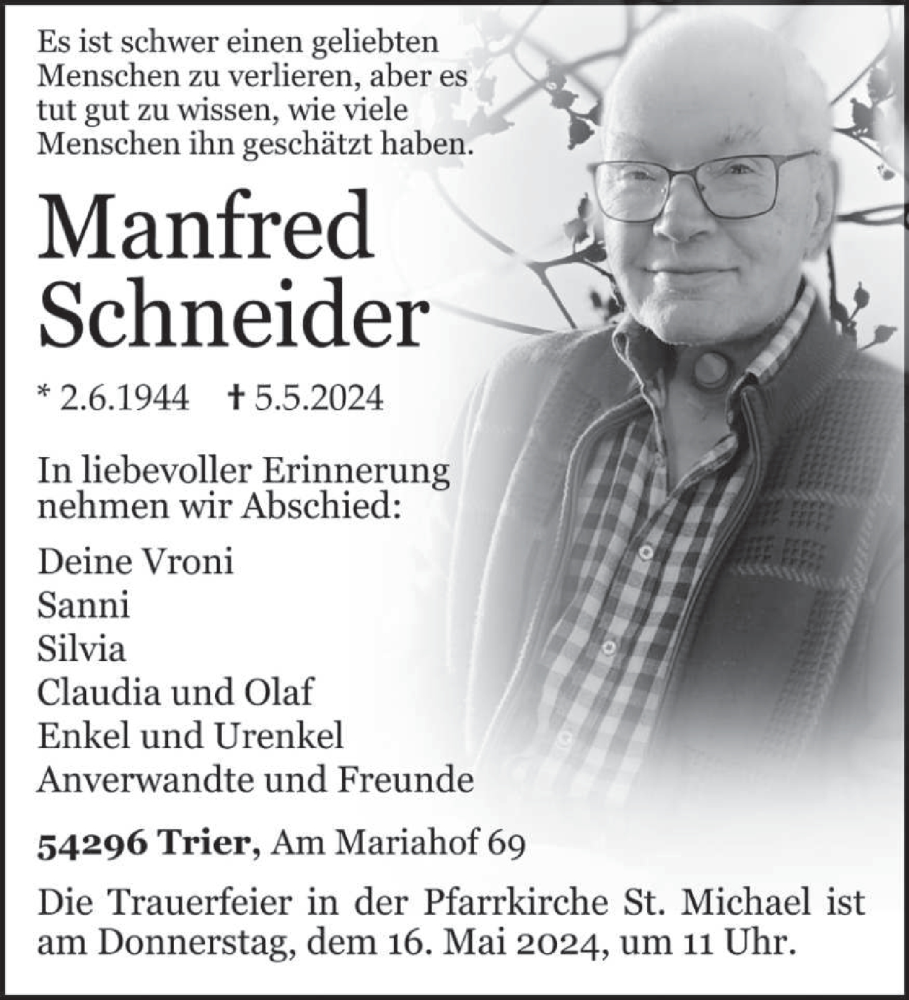  Traueranzeige für Manfred Schneider vom 11.05.2024 aus trierischer_volksfreund