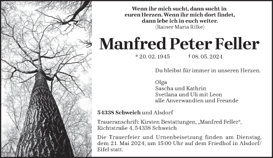 Traueranzeige von Manfred Peter Feller von trierischer_volksfreund