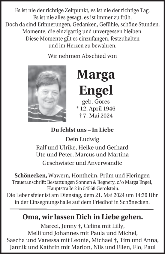 Traueranzeige von Marga Engel von trierischer_volksfreund