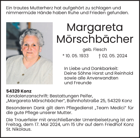 Traueranzeige von Margareta Mörschbächer von trierischer_volksfreund