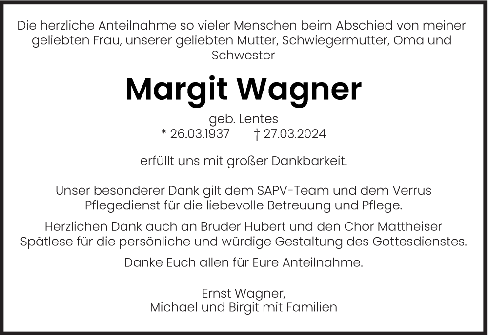  Traueranzeige für Margit Wagner vom 18.05.2024 aus trierischer_volksfreund