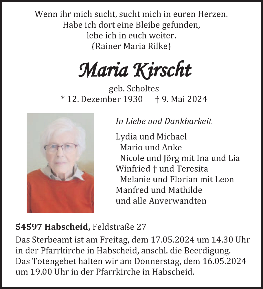  Traueranzeige für Maria Kirscht vom 15.05.2024 aus trierischer_volksfreund