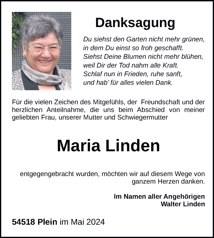  Traueranzeige für Maria Linden vom 15.05.2024 aus trierischer_volksfreund