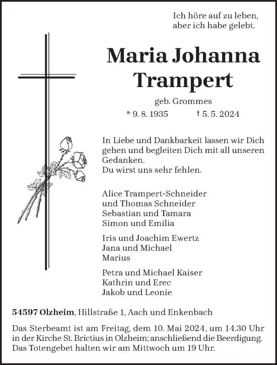 Traueranzeige von Maria Johanna Trampert von trierischer_volksfreund