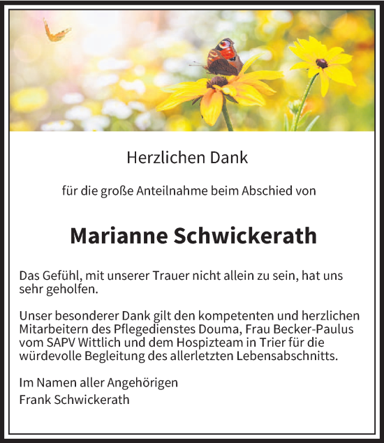 Traueranzeige von Marianne Schwickerath von trierischer_volksfreund