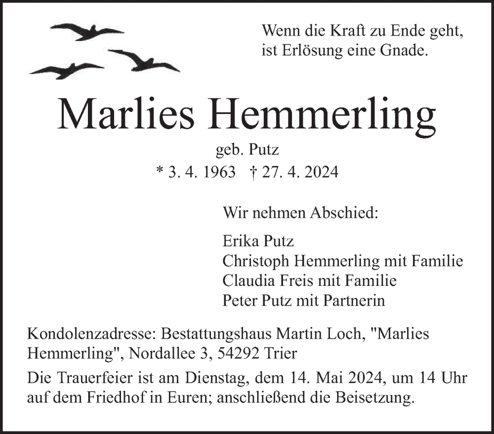  Traueranzeige für Marlies Hemmerling vom 04.05.2024 aus trierischer_volksfreund