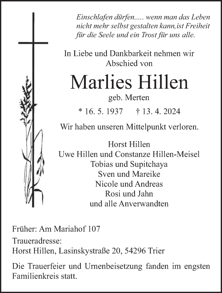  Traueranzeige für Marlies Hillen vom 04.05.2024 aus trierischer_volksfreund