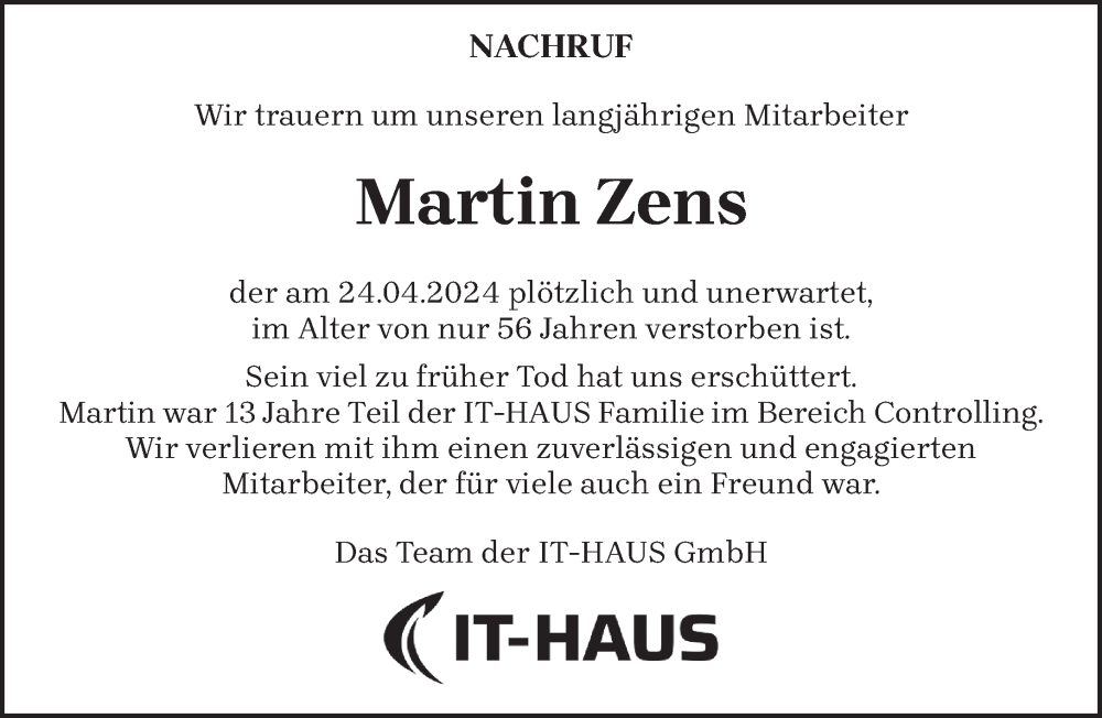  Traueranzeige für Martin Zens vom 04.05.2024 aus trierischer_volksfreund