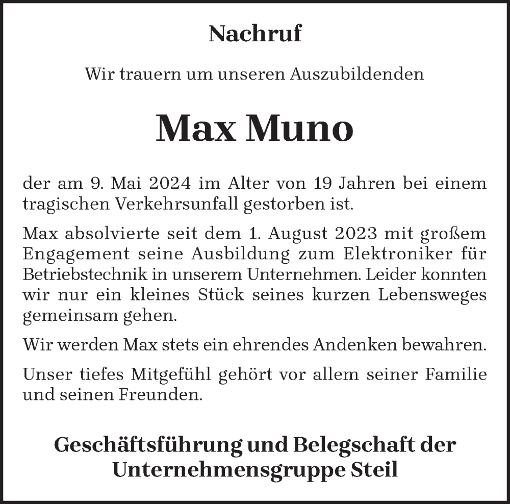 Traueranzeige für Max Muno vom 15.05.2024 aus trierischer_volksfreund