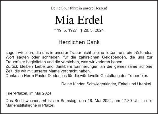 Traueranzeige von Mia Erdel von trierischer_volksfreund