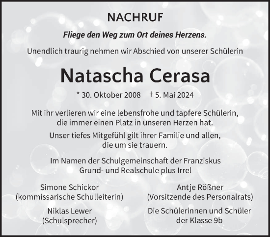 Traueranzeige von Natascha Cerasa von trierischer_volksfreund