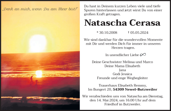 Traueranzeige von Natascha Cerasa von trierischer_volksfreund