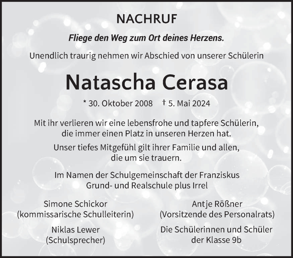  Traueranzeige für Natascha Cerasa vom 14.05.2024 aus trierischer_volksfreund
