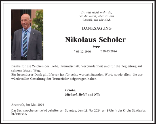 Traueranzeige von Nikolaus Scholer von trierischer_volksfreund