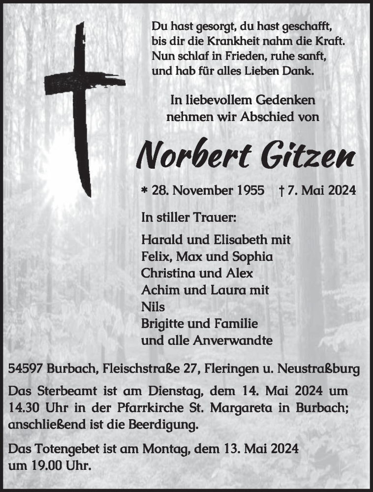  Traueranzeige für Norbert Gitzen vom 11.05.2024 aus trierischer_volksfreund