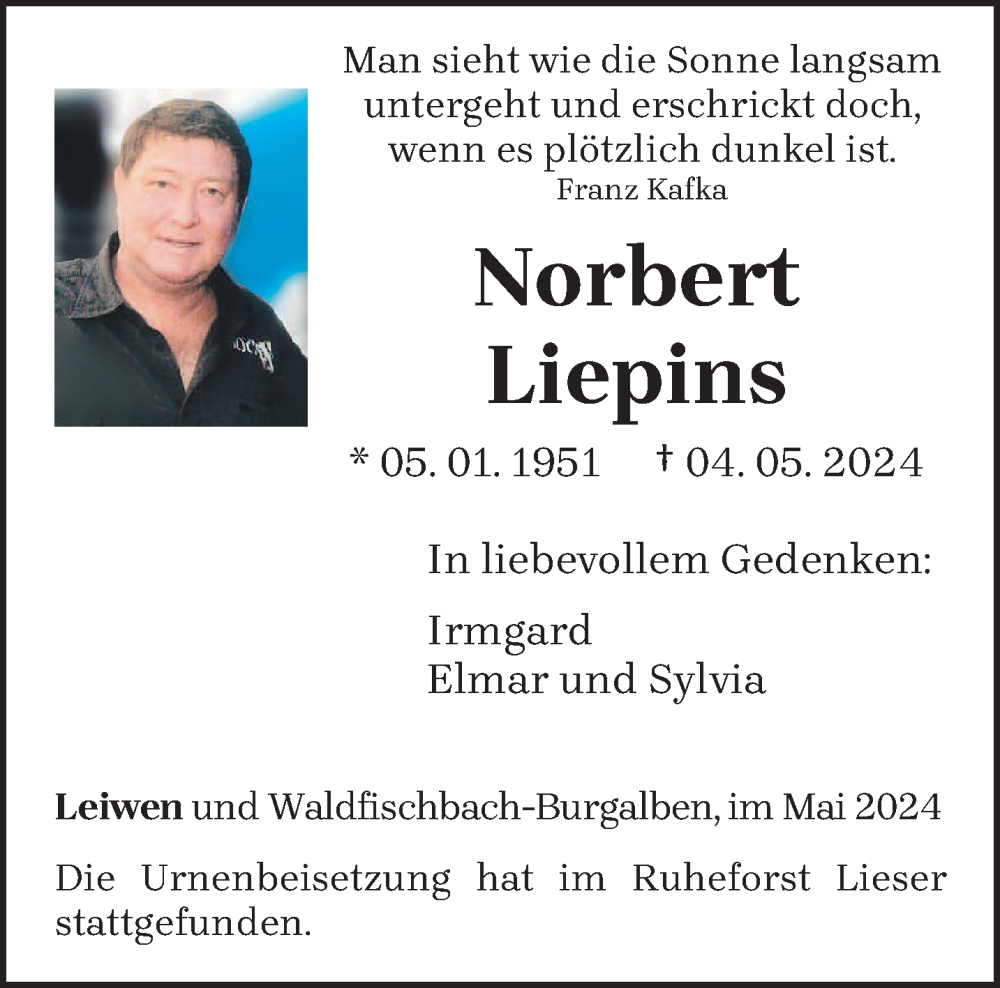  Traueranzeige für Norbert Liepins vom 25.05.2024 aus trierischer_volksfreund
