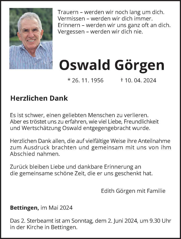  Traueranzeige für Oswald Görgen vom 25.05.2024 aus trierischer_volksfreund