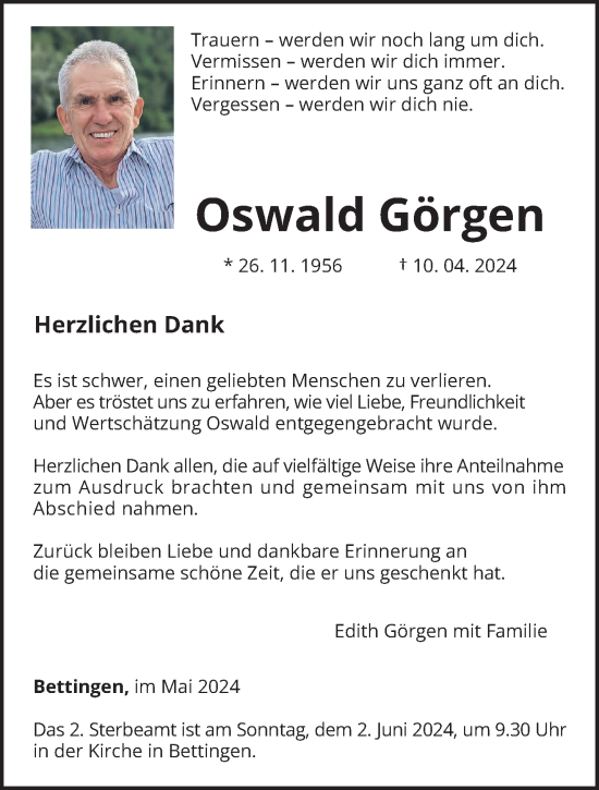 Traueranzeige von Oswald Görgen von trierischer_volksfreund