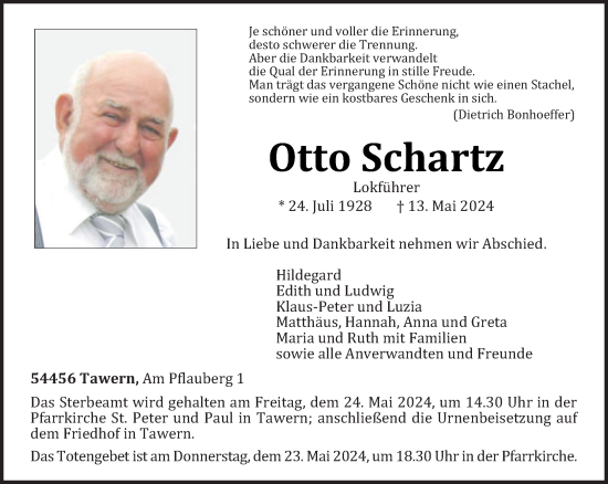 Traueranzeige von Otto Schartz von trierischer_volksfreund