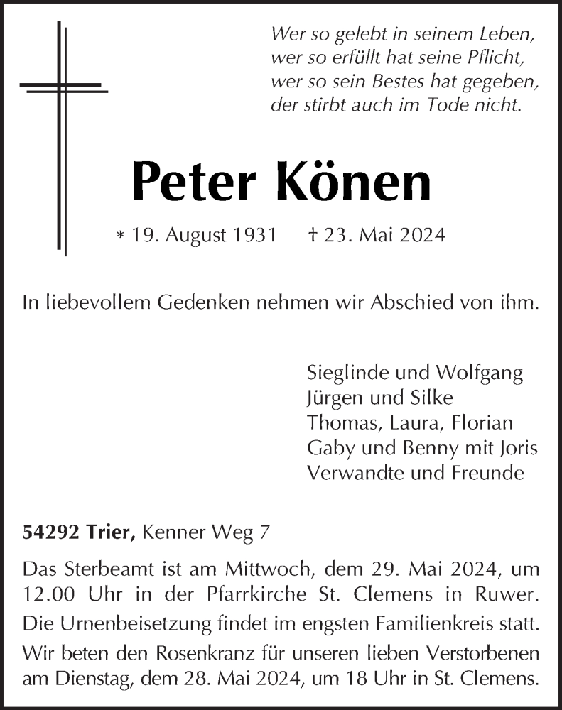  Traueranzeige für Peter Könen vom 25.05.2024 aus trierischer_volksfreund