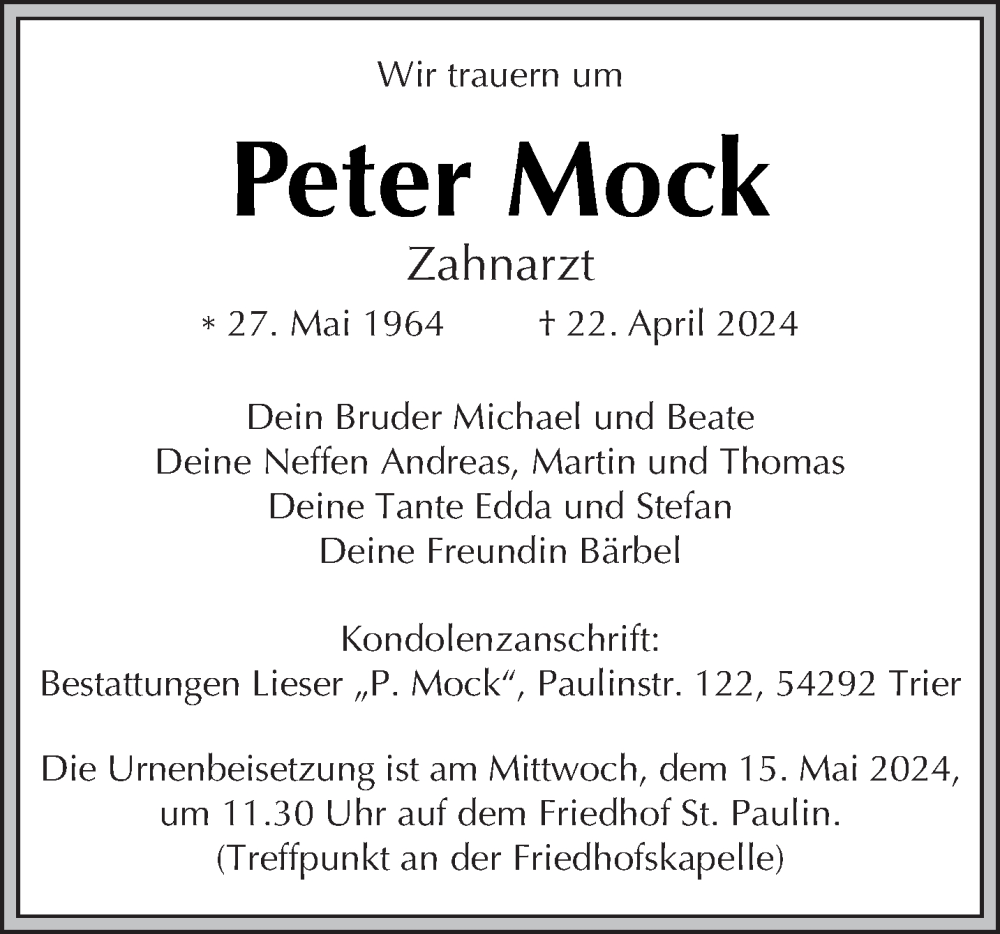  Traueranzeige für Peter Mock vom 11.05.2024 aus trierischer_volksfreund