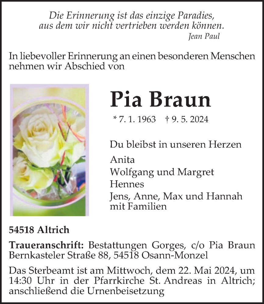  Traueranzeige für Pia Braun vom 15.05.2024 aus trierischer_volksfreund