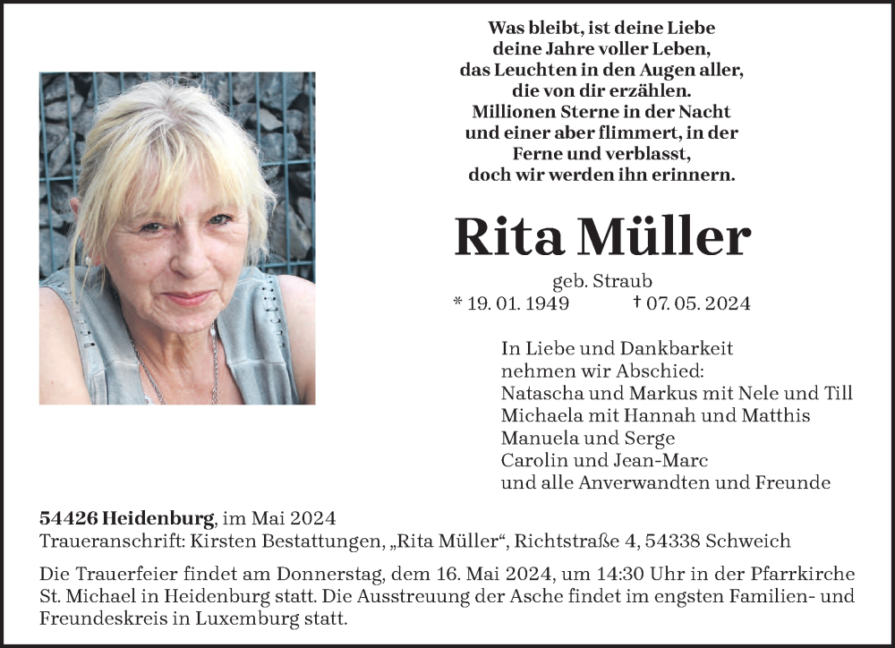  Traueranzeige für Rita Müller vom 11.05.2024 aus trierischer_volksfreund