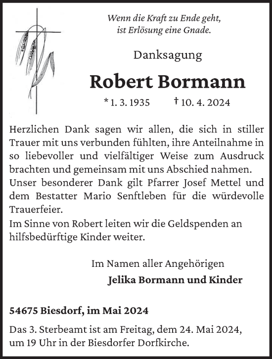 Traueranzeige von Robert Bormann von trierischer_volksfreund