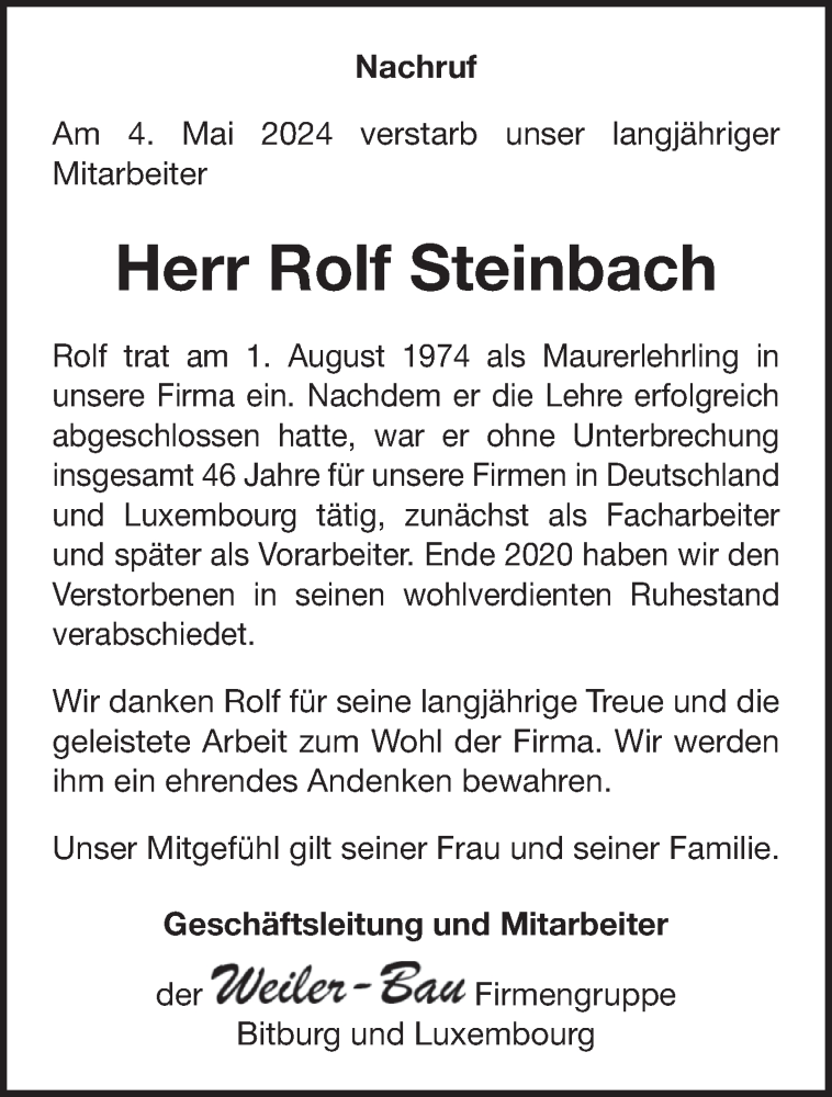  Traueranzeige für Rolf Steinbach vom 11.05.2024 aus trierischer_volksfreund