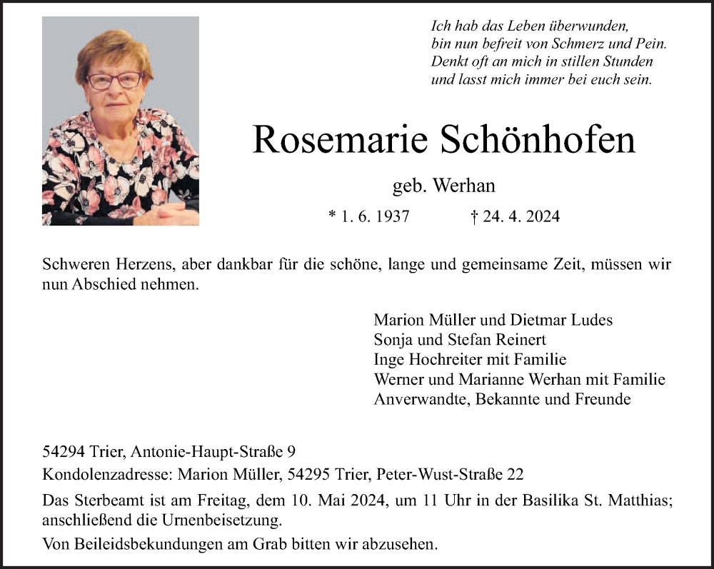  Traueranzeige für Rosemarie Schönhofen vom 04.05.2024 aus trierischer_volksfreund