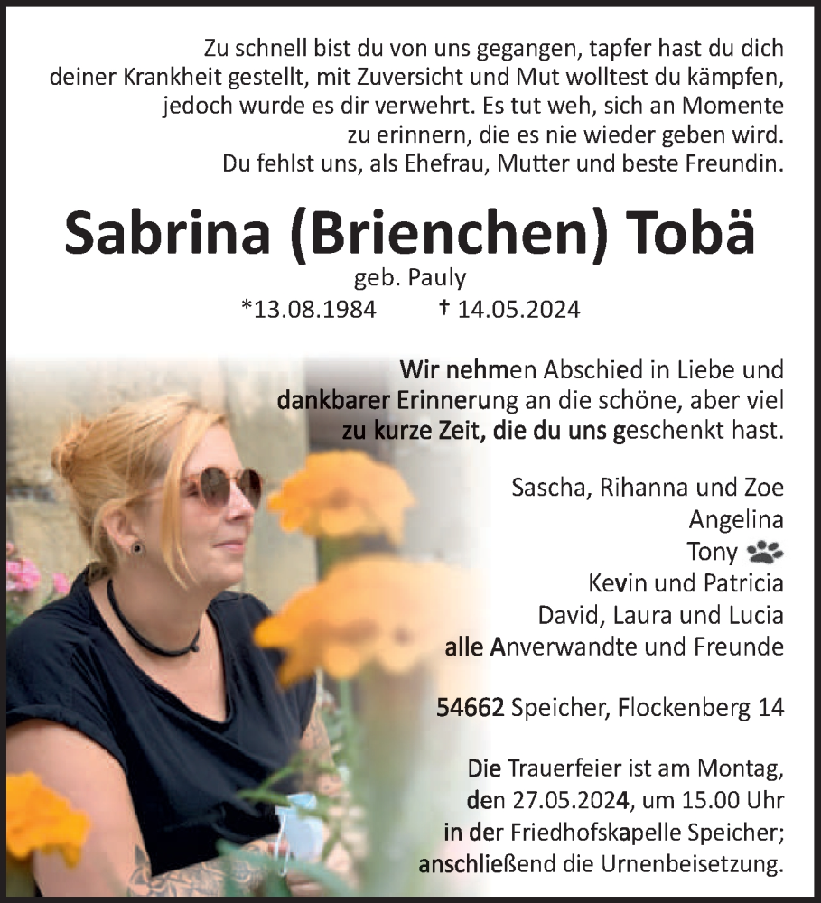  Traueranzeige für Sabrina Tobä vom 25.05.2024 aus trierischer_volksfreund