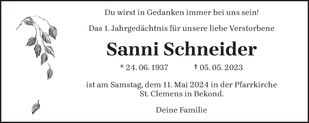  Traueranzeige für Sanni Schneider vom 04.05.2024 aus trierischer_volksfreund