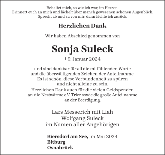 Traueranzeige von Sonja Suleck von trierischer_volksfreund