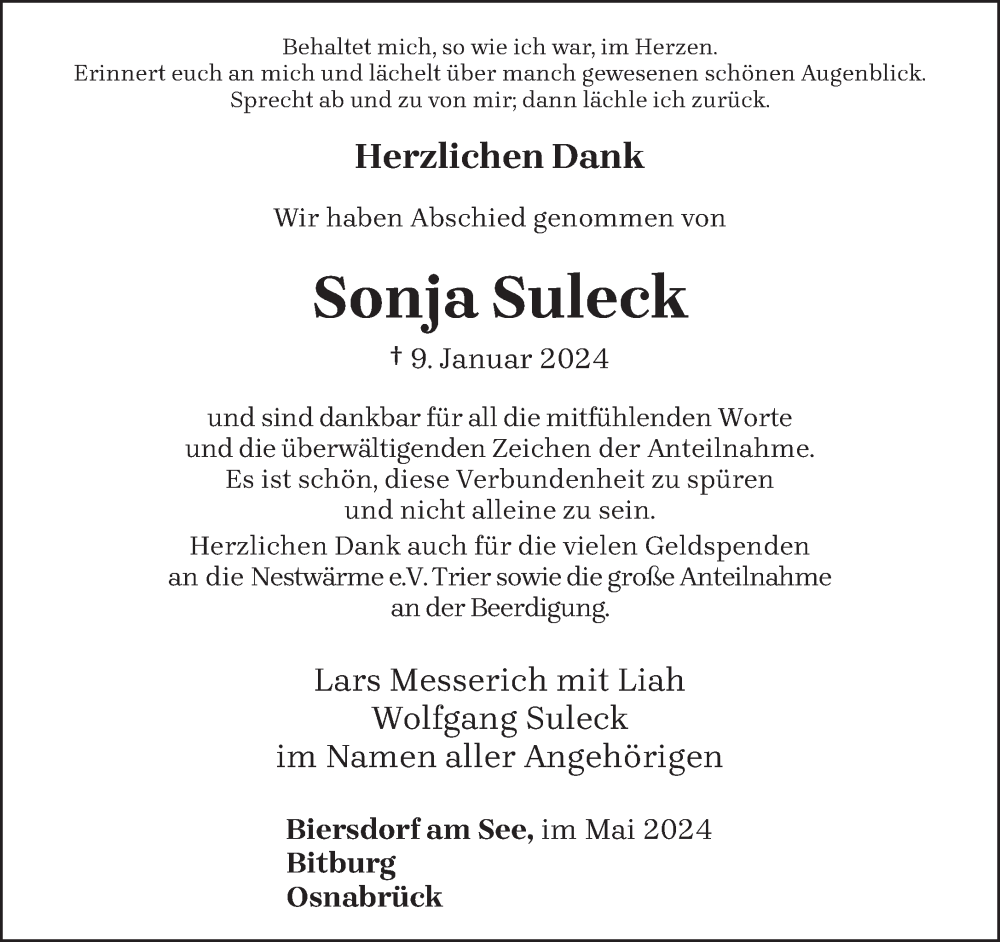  Traueranzeige für Sonja Suleck vom 25.05.2024 aus trierischer_volksfreund