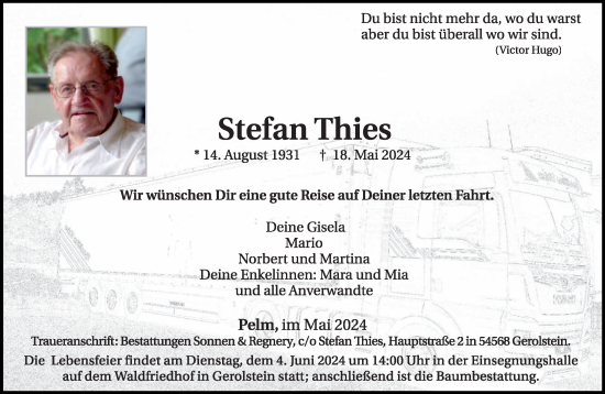 Traueranzeige von Stefan Thies von trierischer_volksfreund