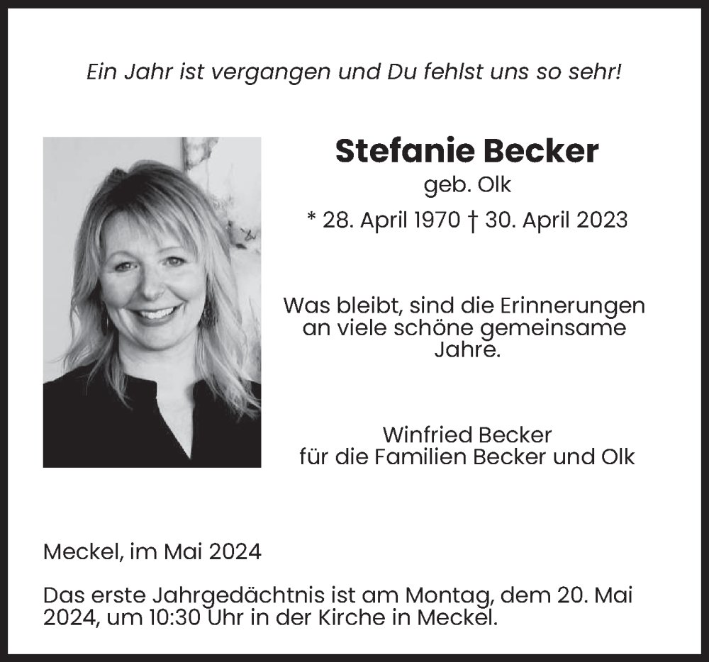  Traueranzeige für Stefanie Becker vom 11.05.2024 aus trierischer_volksfreund