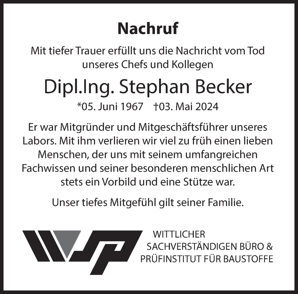  Traueranzeige für Stephan Becker vom 11.05.2024 aus trierischer_volksfreund