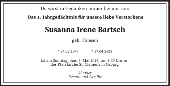 Traueranzeige von Susanna Irene Bartsch von trierischer_volksfreund