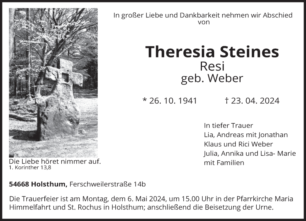  Traueranzeige für Theresia Steines vom 02.05.2024 aus trierischer_volksfreund