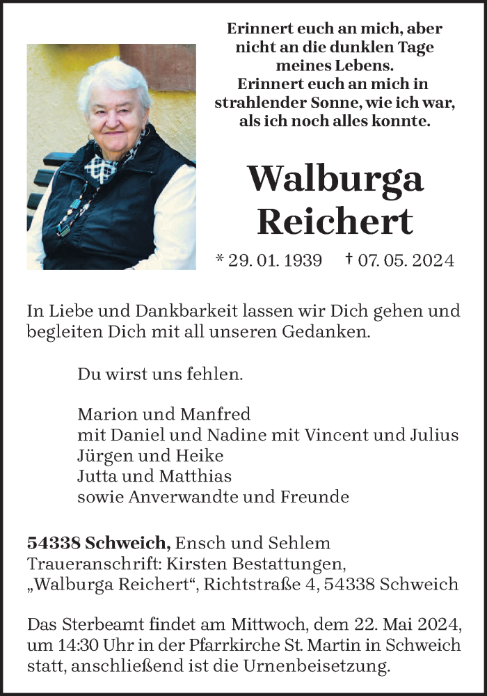 Traueranzeige für Walburga Reichert vom 18.05.2024 aus trierischer_volksfreund