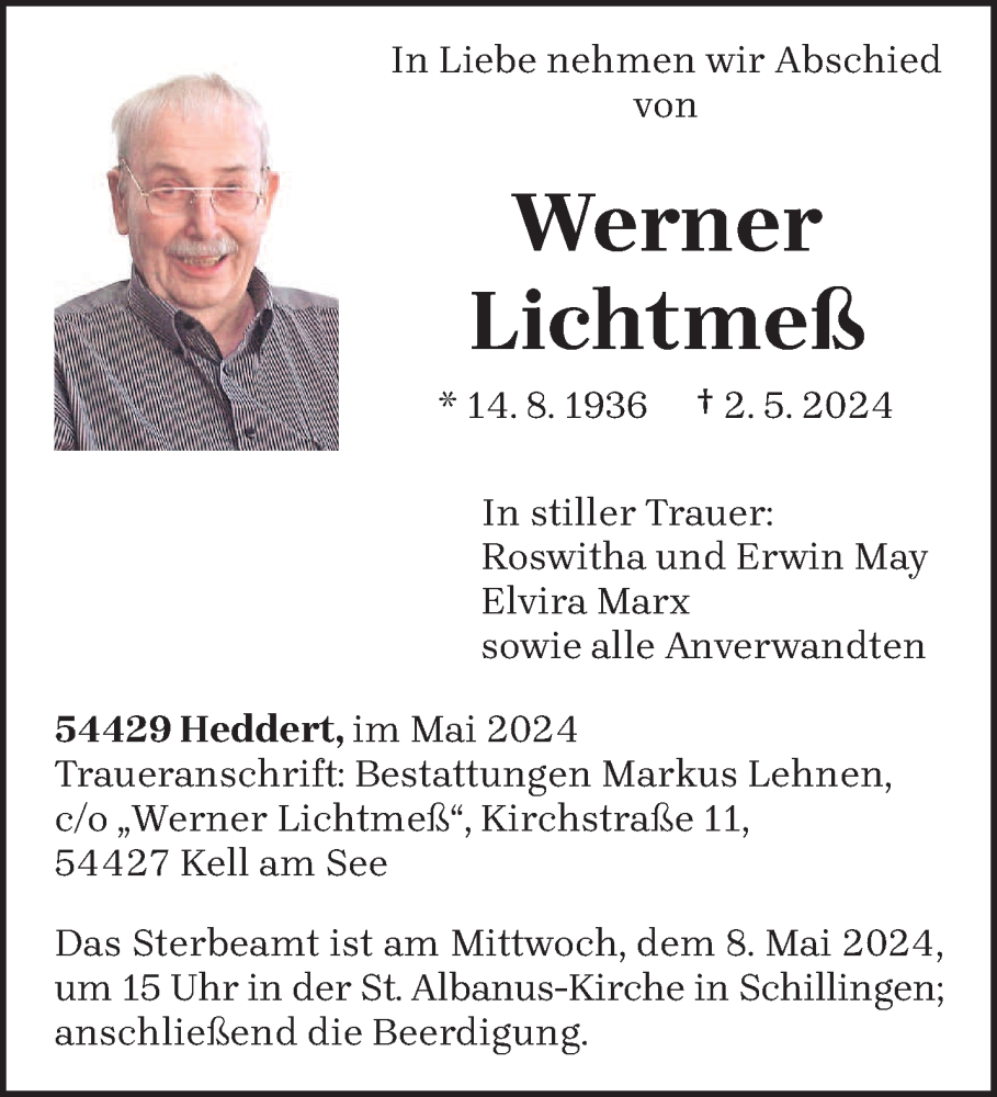  Traueranzeige für Werner Lichtmeß vom 04.05.2024 aus trierischer_volksfreund